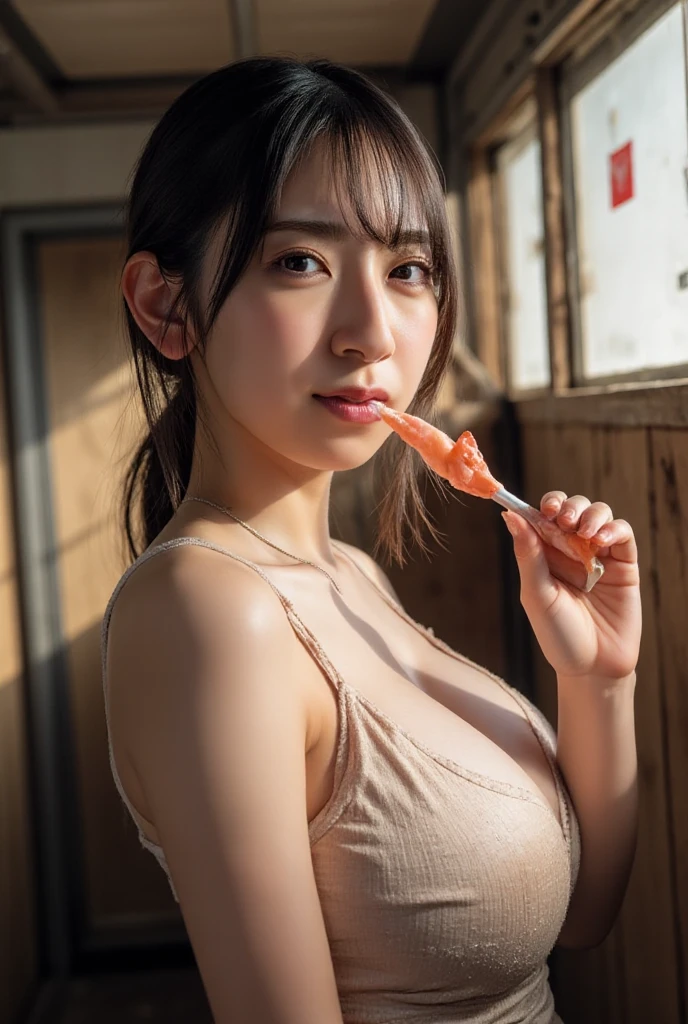 (((Shot from above))), Cowboy shot, White skin, (Masterpiece: 1.4), (Best quality: 1.4), Beautiful girl, ((Nipples: 1.1)), Cute smile: 1.2, Teeth, ((Big breasts)), ((model body type)), Japanese, 20 years old, cute face, (sad face: 1.2), ((bondage costume)), bondage, harness, O-ring, gaze, short hair , Sashimi, Cutting board, ((knife、chopsticks))、((Water all over the body, wet hair)), (((Lots of sashimi around the woman))),(((Lots of sashimi around the woman))), (((On her back on the cutting board))), (Whole body: 1.6) ,