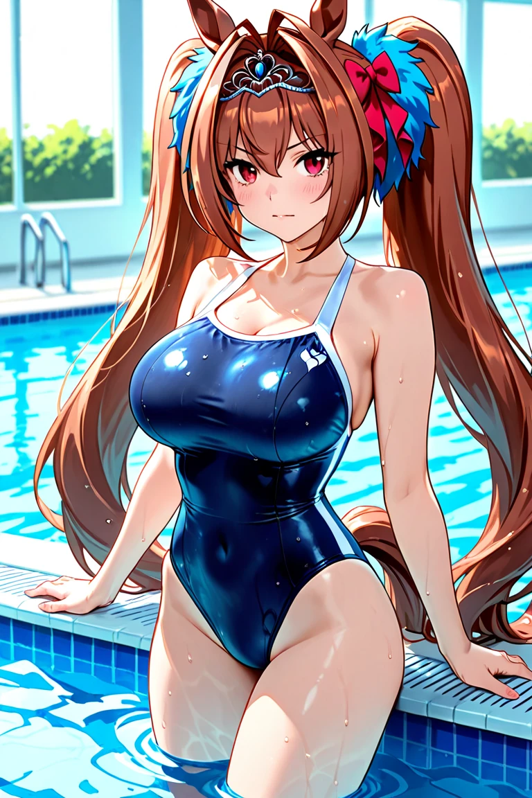 Daiwa Scarlet \(umamusume\), ((Abdominal muscles)), ((Muscular body)),Reddish brown hair, Hair Intake, Red eyes, length, Sleek twin tails, Big twin tails、very, very, very long horse ears、、、、 Horse tail, (very detailed), Super big breasts、超Super big breasts、very very big breasts、黒いSchool Swimsuit, 魅力的なSchool Swimsuit、veryvery美しい黒いSchool Swimsuit、Breasts swaying violently back and forth、Pool、Black swimsuit worn by students、Violently shaking naked、黒いSchool Swimsuit、Ecstatic expression、swimのは気持ちいい、swim、Her chest is overflowing、Saggy breasts、Voluptuous bust、Bust Size H Cup、Melon-sized bust、美しいWet vagina、Sweat、Sweatまみれ、Sweatだく、Beautiful breasts、Idol、芸術的な黒いSchool Swimsuit、Erect nipples 、Erect nipples、 masterpiece,Highest quality, fine grain, Official Art, smile, Pool、一人でswim、indoor,室内Pool、一人でswim、Beautiful feet、Spread your legs、Open your mouth, frontage、night、学校の室内Pool、god秘的美しさの脚、god々Beautiful breasts、Wet vagina、nude、A smile for your lover、blush、A big smile、The best moment of my life、Swimming、Lift your chest、School Swimsuit、キラキラ輝く黒いSchool Swimsuit