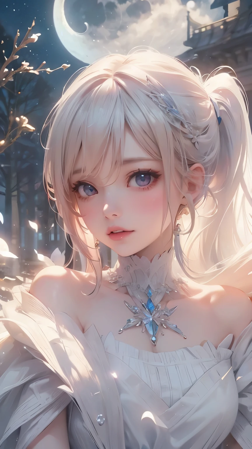 masterpiece, (best quality: 1.2), (Supene: 1.2), illustration, (extremely delicate and beautiful: 1.2), movie angle, Floating, (beautiful details eyes: 1.1), (Detail lights: 1.1), movie lights, exquisite sky, Miss, white hair, blue eyes, (high ponytail: 1.1), cloak, twinkling eyes, (moon: 1.2), (moonlight: 1.1), Starry Sky, (light particles: 1.1), [fog , snow painting, sketch, bloom