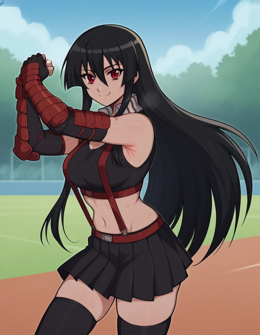(masterpiece, best quality:1.2), 1girl, solo, Kagura_Mikazuchi, large breasts, open jacket, red jacket, black pants, open clothes, midriff, (sexy navel), serious, hime cut, double-breasted. Holding traditional samurai katana sword. Her gaze is both alluring and fierce, as she holds the sword with a delicate yet deadly grip. Simple background, white background