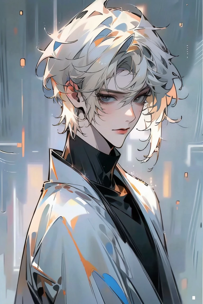 Impasto, white Blonde hair, short hair, masterpiece, best quality, 1 man , bangs, perfect face , black eye , handsome male , alone, pale skin , Adult male , delicate line drawing,Extremely detailed , ((black turtleneck)), (black kimono with longitudinal stripes), deep shadow,  semi-realistic art  ,  semi-realistic art  style, expressive brushstrokes,  vivid brushstrokes , 인상주의 painting, realistic skin, realistic hair, realistic detail, photorealistic, high detail,  Perfect Eyes , high quality, painting, pixiv illustration