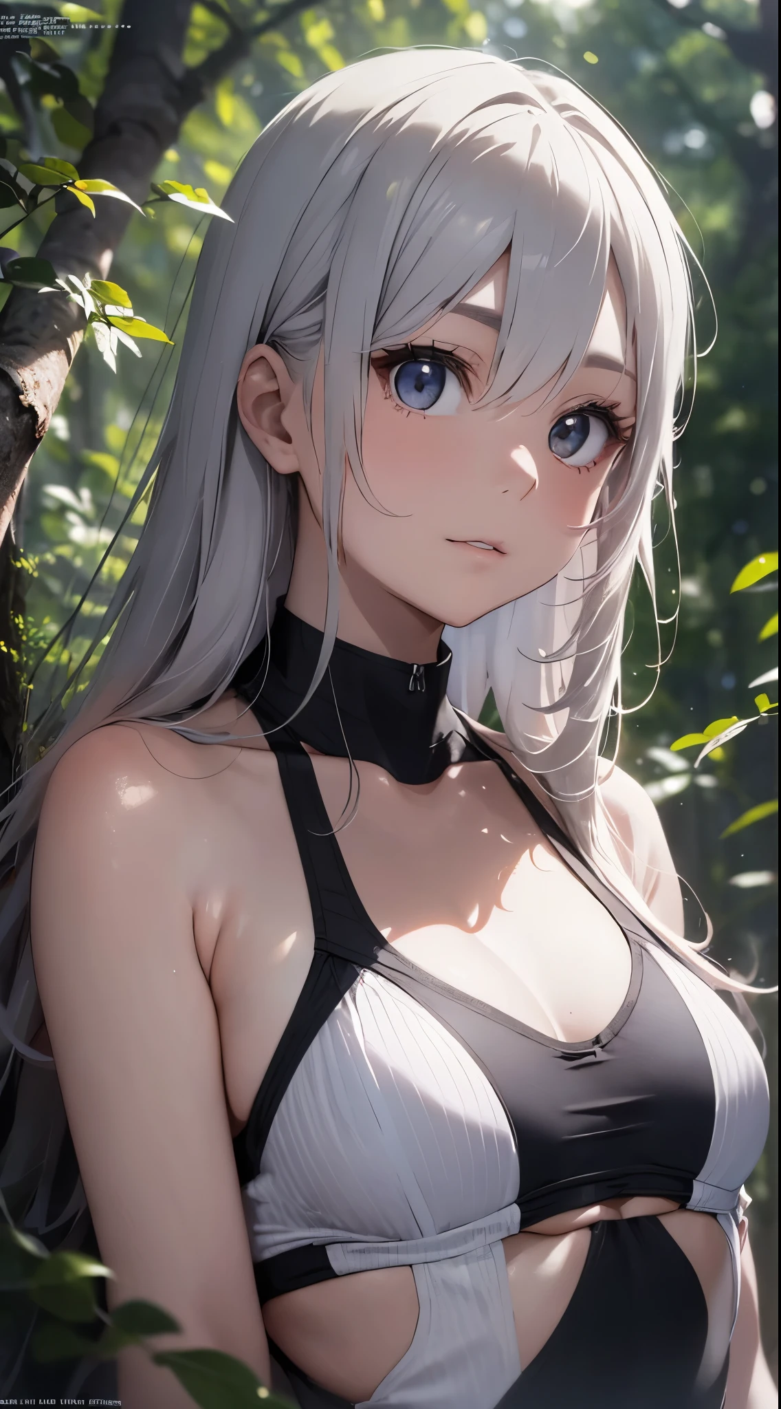 Top quality ultra-detailed CG art、a white bikini、Light purple hair、Blue eyes、Mid summer、sixteen years old、Infant body type、red blush、sitting on、jungles、On all fours、The length of hair to the shoulders、