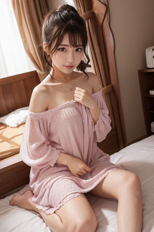 ((of the highest quality, 8K, masutepiece: 1.3, Raw photo)), Sharp Focus: 1.2, (1 AESPA Girl :1.1), Solo, (Realistic, Photorealistic: 1.37), (Face Focus: 1.1), Cute face, hyperdetailed face, short messy hair, Small Smile, small breasts, flat chest, full nude, (Off-the-shoulder chiffon dress: 1.1), (Sitting with one knee up: 1.2), bedroom, on the bed, flower, iris