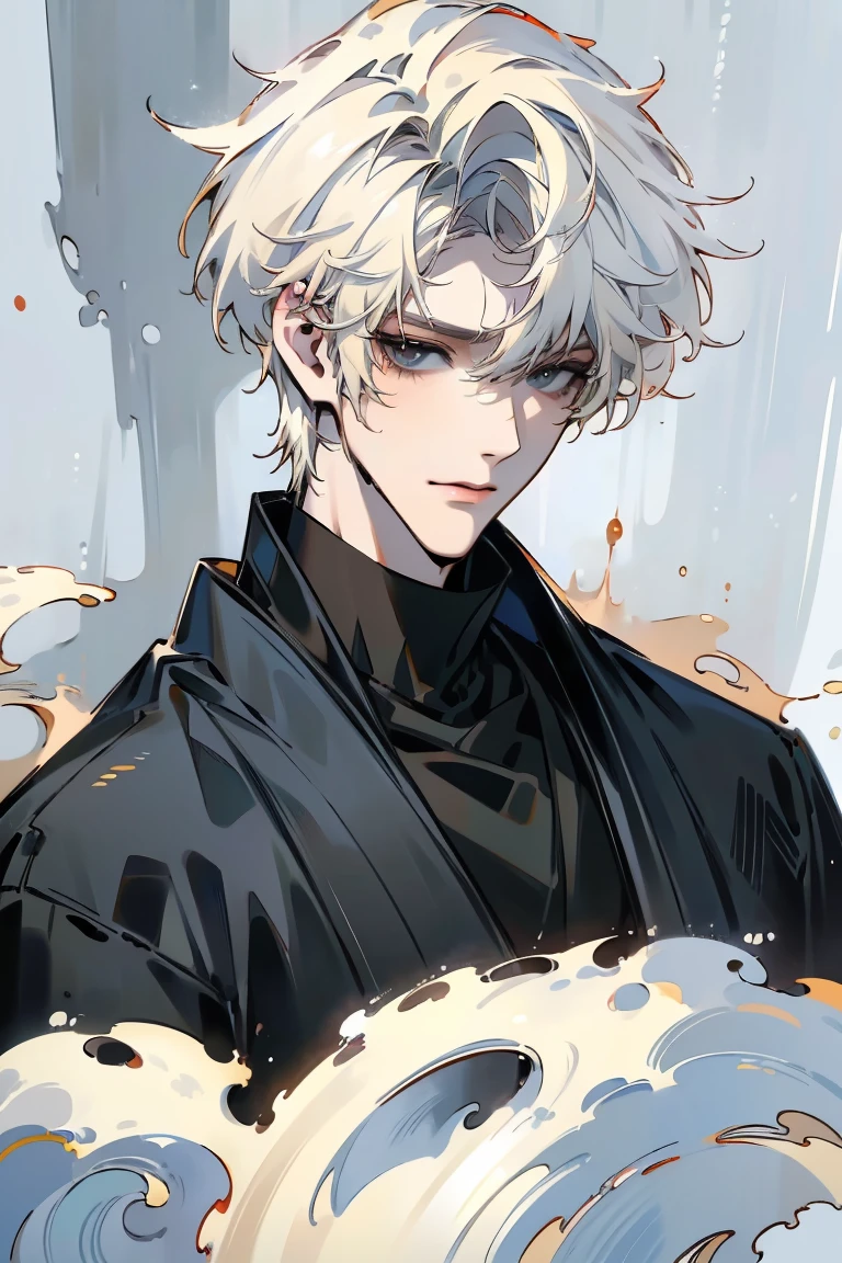 Impasto, white Blonde hair, short hair, masterpiece, best quality, 1 man , bangs, perfect face , black eye , handsome male , alone, pale skin , Adult male , delicate line drawing,Extremely detailed , ((black turtleneck)), (black kimono with longitudinal stripes), deep shadow,  semi-realistic art  ,  semi-realistic art  style, expressive brushstrokes,  vivid brushstrokes , 인상주의 painting, realistic skin, realistic hair, realistic detail, photorealistic, high detail,  Perfect Eyes , high quality, painting, pixiv illustration