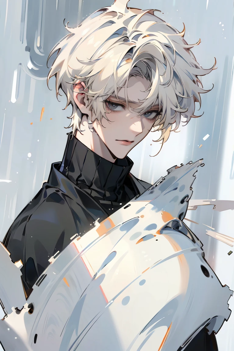 Impasto, white Blonde hair, short hair, masterpiece, best quality, 1 man , bangs, perfect face , black eye , handsome male , alone, pale skin , Adult male , delicate line drawing,Extremely detailed , ((black turtleneck)), (black kimono with longitudinal stripes), deep shadow,  semi-realistic art  ,  semi-realistic art  style, expressive brushstrokes,  vivid brushstrokes , 인상주의 painting, realistic skin, realistic hair, realistic detail, photorealistic, high detail,  Perfect Eyes , high quality, painting, pixiv illustration