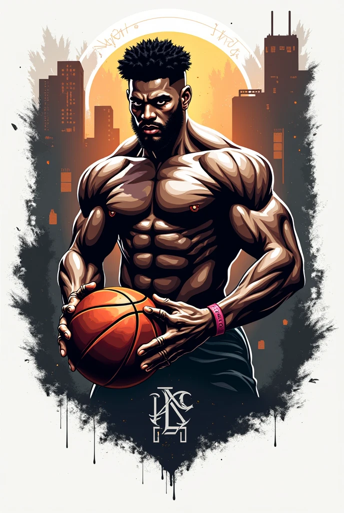 (Masterpiece, Top quality, high resolution), Basketball star, ((athlete)), (hunky, Handsome man, Extremely handsome, ridiculously handsome, Attractive man, Strong masculine characteristics), (Shirtless, Undressed, Open chest), (musculous, Big chest, Abs), (Wearing a necklace, basketball suit, Sportswear, Tattooed)