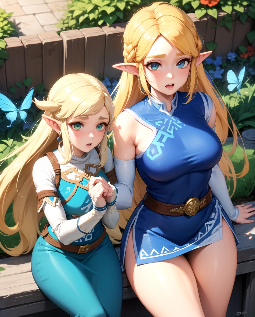 Anime girl. blonde hair. blue eyes. wind blown hair. evening. outdoors. nudity. medium breasts. kneeling. arms above head. sultry smile. Princess Zelda