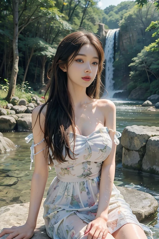 Delicate and beautiful photos, very highly detailed, high-res, clouds, sunrays, breeze, Hair is slightly blown out., movie light, sky backdrop, Field of colorful flowers, mountain, river, clear hair, light hair, floral, Thai women are very beautiful and cute., Smiley face, Vibrant Eyes, Pastel blue tank top, short skirt, Sit with your legs raised on a chair..