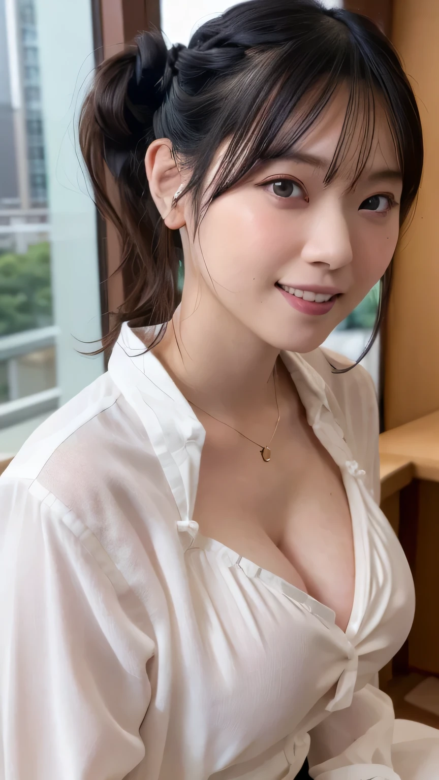 masterpiece、highest quality、8k，Ultra-high resolution、RAW Photos、Ultra-high resolution、日本people、beautiful girl、１people、woman, (Braided top knot,Twisted Side Part Ponytail Braided Headband,Half Up、Braided Space Van,Voluminous fishtail braid,Twisted pan),(Asymmetrical bangs)、 (Ultra-realistic),Round face、 Fine and beautiful eyes、double eyelid、Thin eyebrows、(eye shadow(Shrimp brown))、Rich dreamy make-up、Thin lips, (Loose fitting blouse(Pattern of large pale lavender flowers))、 Micro Mini Skirt、A kind smile,  Professional photography, Cinematic Light, (Very beautiful face: 1.2),(Large Breasts:1.2)、Saggy breasts、Cleavage、Exposed thighs、Voluptuous thighs、Smooth calves、、daytime office、In front of the computer、sitting in an office chair、Head to knee photo
