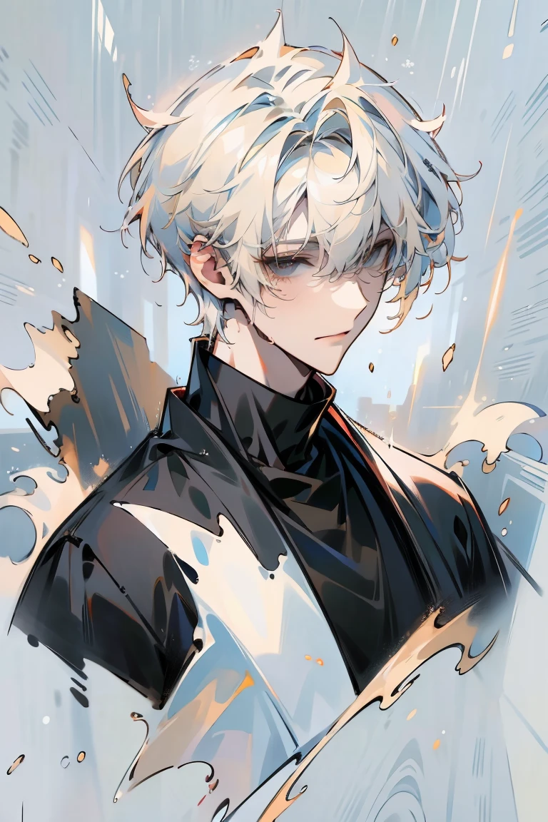 Impasto, white Blonde hair, short hair, masterpiece, best quality, 1 man , bangs, perfect face , black eye , handsome male , alone, pale skin , Adult male , delicate line drawing,Extremely detailed , ((black turtleneck)), (black kimono with longitudinal stripes), deep shadow,  semi-realistic art  ,  semi-realistic art  style, expressive brushstrokes,  vivid brushstrokes , 인상주의 painting, realistic skin, realistic hair, realistic detail, photorealistic, high detail,  Perfect Eyes , high quality, painting, pixiv illustration