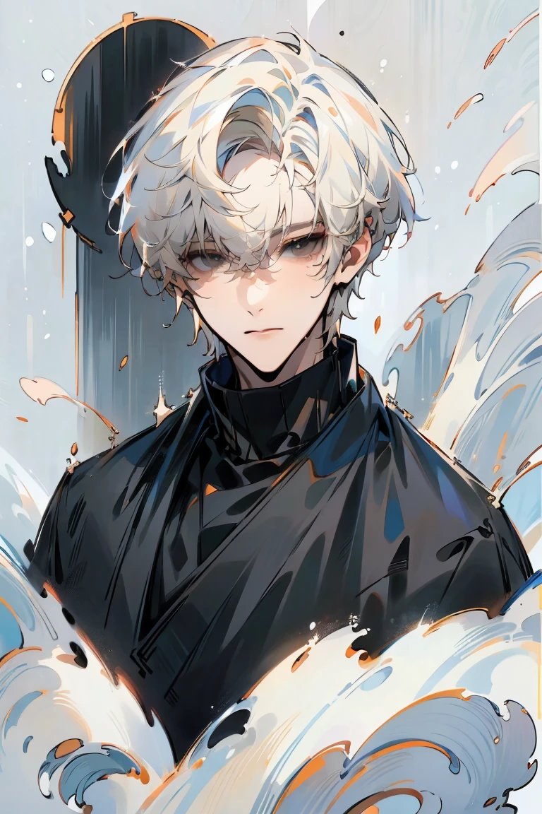 Impasto, white Blonde hair, short hair, masterpiece, best quality, 1 man , bangs, perfect face , black eye , handsome male , alone, pale skin , Adult male , delicate line drawing,Extremely detailed , ((black turtleneck)), (black kimono with longitudinal stripes), deep shadow,  semi-realistic art  ,  semi-realistic art  style, expressive brushstrokes,  vivid brushstrokes , 인상주의 painting, realistic skin, realistic hair, realistic detail, photorealistic, high detail,  Perfect Eyes , high quality, painting, pixiv illustration