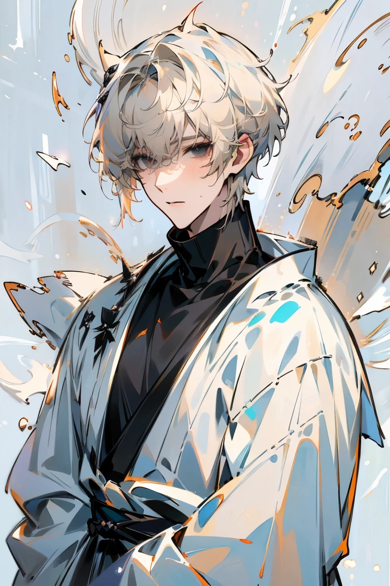 Impasto, white Blonde hair, short hair, masterpiece, best quality, 1 man , bangs, perfect face , black eye , handsome male , alone, pale skin , Adult male , delicate line drawing,Extremely detailed , ((black turtleneck)), (black kimono with longitudinal stripes), deep shadow,  semi-realistic art  ,  semi-realistic art  style, expressive brushstrokes,  vivid brushstrokes , 인상주의 painting, realistic skin, realistic hair, realistic detail, photorealistic, high detail,  Perfect Eyes , high quality, painting, pixiv illustration