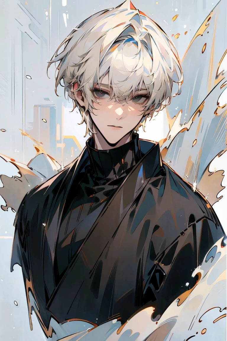 Impasto, white Blonde hair, short hair, masterpiece, best quality, 1 man , bangs, perfect face , black eye , handsome male , alone, pale skin , Adult male , delicate line drawing,Extremely detailed , ((black turtleneck)), (black kimono with longitudinal stripes), deep shadow,  semi-realistic art  ,  semi-realistic art  style, expressive brushstrokes,  vivid brushstrokes , 인상주의 painting, realistic skin, realistic hair, realistic detail, photorealistic, high detail,  Perfect Eyes , high quality, painting, pixiv illustration