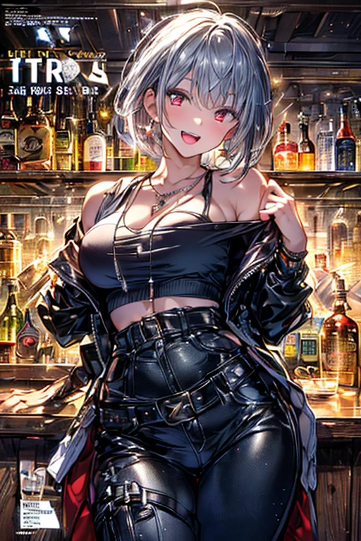 Top quality, 8K, Realistic, raw photo, Young cute, sexy girl drinking and laughing with big mouth open in a nightclub full of young female customers, dressed like a revealing punk rocker, wearing a silver leather jacket, tattoos on neck and shoulders, big, lots of high-end looking liquor bottles of various brands on the shelves