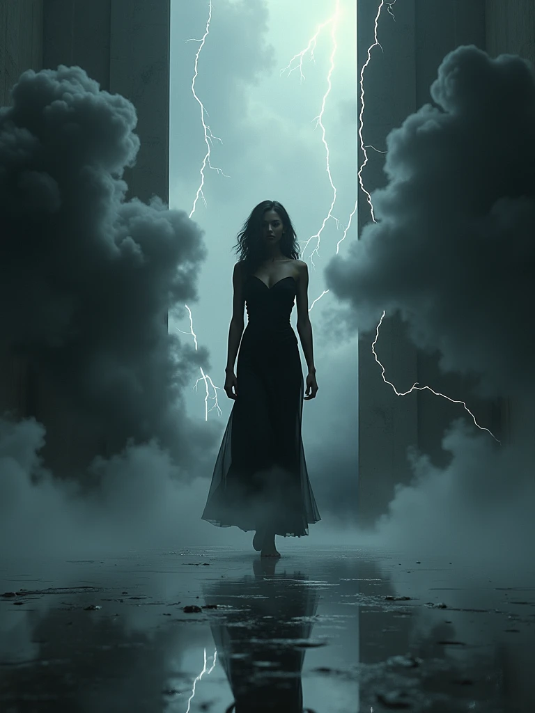 Wallpaper of a very beautiful and elegant witch with very pretty eyes, flying in the forest facing towards camera with short open hair and open arms getting power from the sky. Very dense and heavy smoke and lighting strikes in the background. Ultra high definition, very detailed, black dress, fantasy.