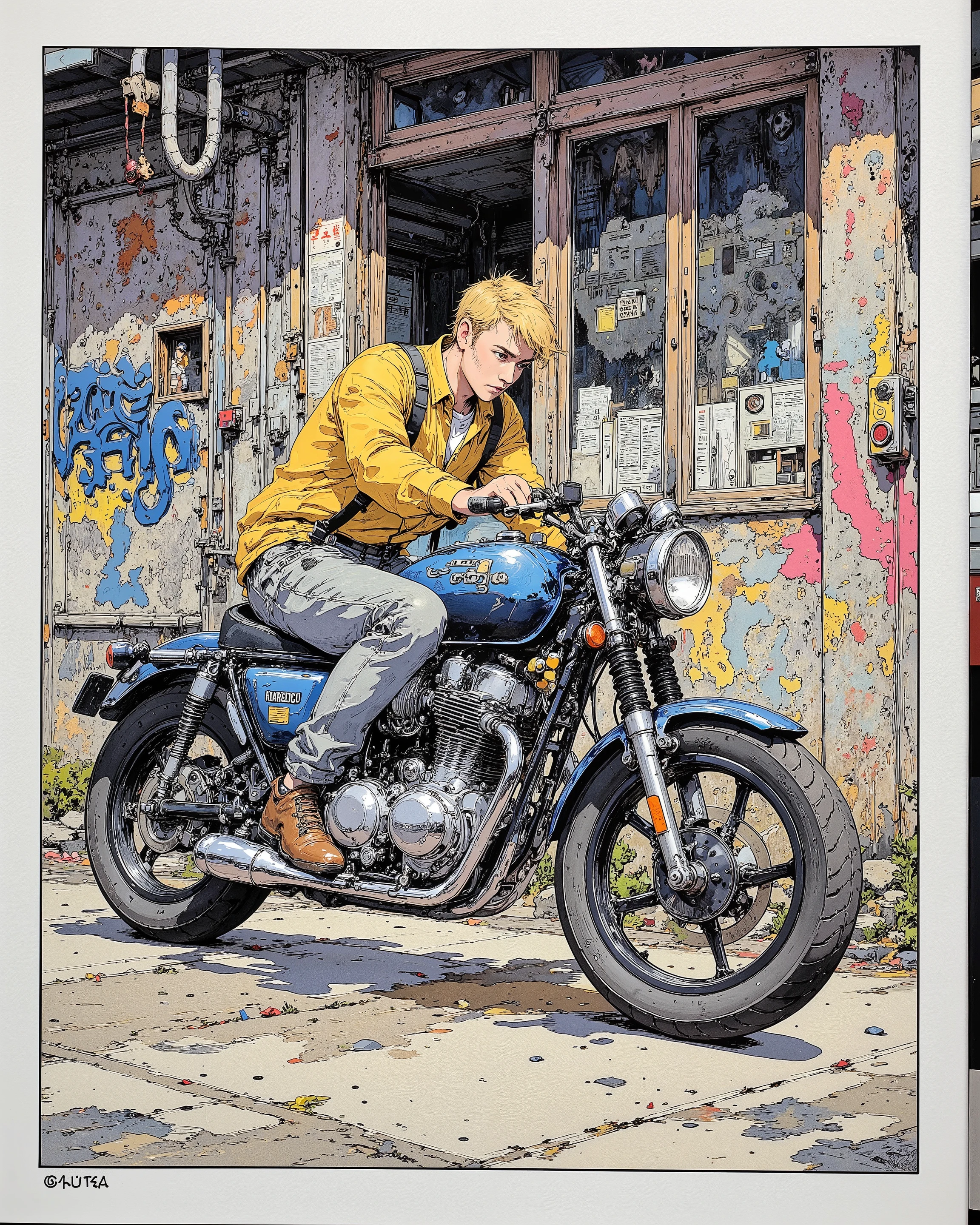 (he's wearing work clothes. he's riding a Yamaha SR400 motorcycle.), 1 man in plain clothes, Japanese, , high quality, masterpiece, accurate, top quality, high quality model, high detail, (((has a soft))), ((classy with a handmade feel、 matte and toy )), (((Tim Burton style))), 80s, anime style, Simple lines, ((Ruins graffiti)), (intricate details : 1.1), beautiful detailed , masterpiece, Ultra-fine, accurate, stick out of the screen, fisheye shot, illustration,