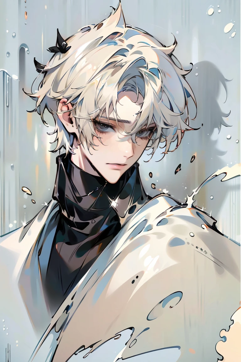 Impasto, white Blonde hair, short hair, masterpiece, best quality, 1 man , bangs, perfect face , black eye , handsome male , alone, pale skin , Adult male , delicate line drawing,Extremely detailed , ((black turtleneck)), (black kimono with longitudinal stripes), deep shadow,  semi-realistic art  ,  semi-realistic art  style, expressive brushstrokes,  vivid brushstrokes , 인상주의 painting, realistic skin, realistic hair, realistic detail, photorealistic, high detail,  Perfect Eyes , high quality, painting, pixiv illustration