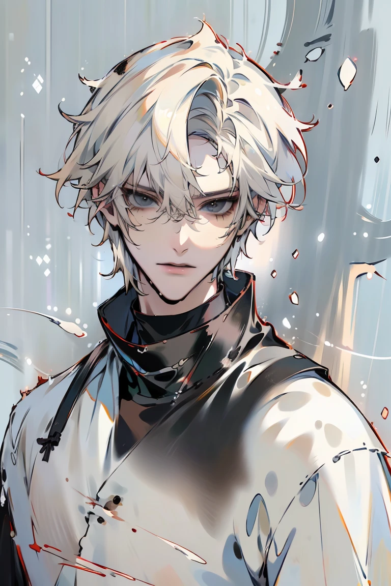 Impasto, white Blonde hair, short hair, masterpiece, best quality, 1 man , bangs, perfect face , black eye , handsome male , alone, pale skin , Adult male , delicate line drawing,Extremely detailed , ((black turtleneck)), (black kimono with longitudinal stripes), deep shadow,  semi-realistic art  ,  semi-realistic art  style, expressive brushstrokes,  vivid brushstrokes , 인상주의 painting, realistic skin, realistic hair, realistic detail, photorealistic, high detail,  Perfect Eyes , high quality, painting, pixiv illustration