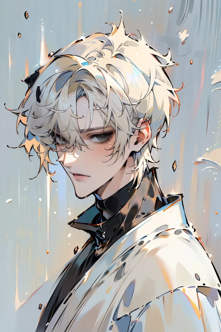 Impasto, white Blonde hair, short hair, masterpiece, best quality, 1 man , bangs, perfect face , black eye , handsome male , alone, pale skin , Adult male , delicate line drawing,Extremely detailed , ((black turtleneck)), (black kimono with longitudinal stripes), deep shadow,  semi-realistic art  ,  semi-realistic art  style, expressive brushstrokes,  vivid brushstrokes , 인상주의 painting, realistic skin, realistic hair, realistic detail, photorealistic, high detail,  Perfect Eyes , high quality, painting, pixiv illustration