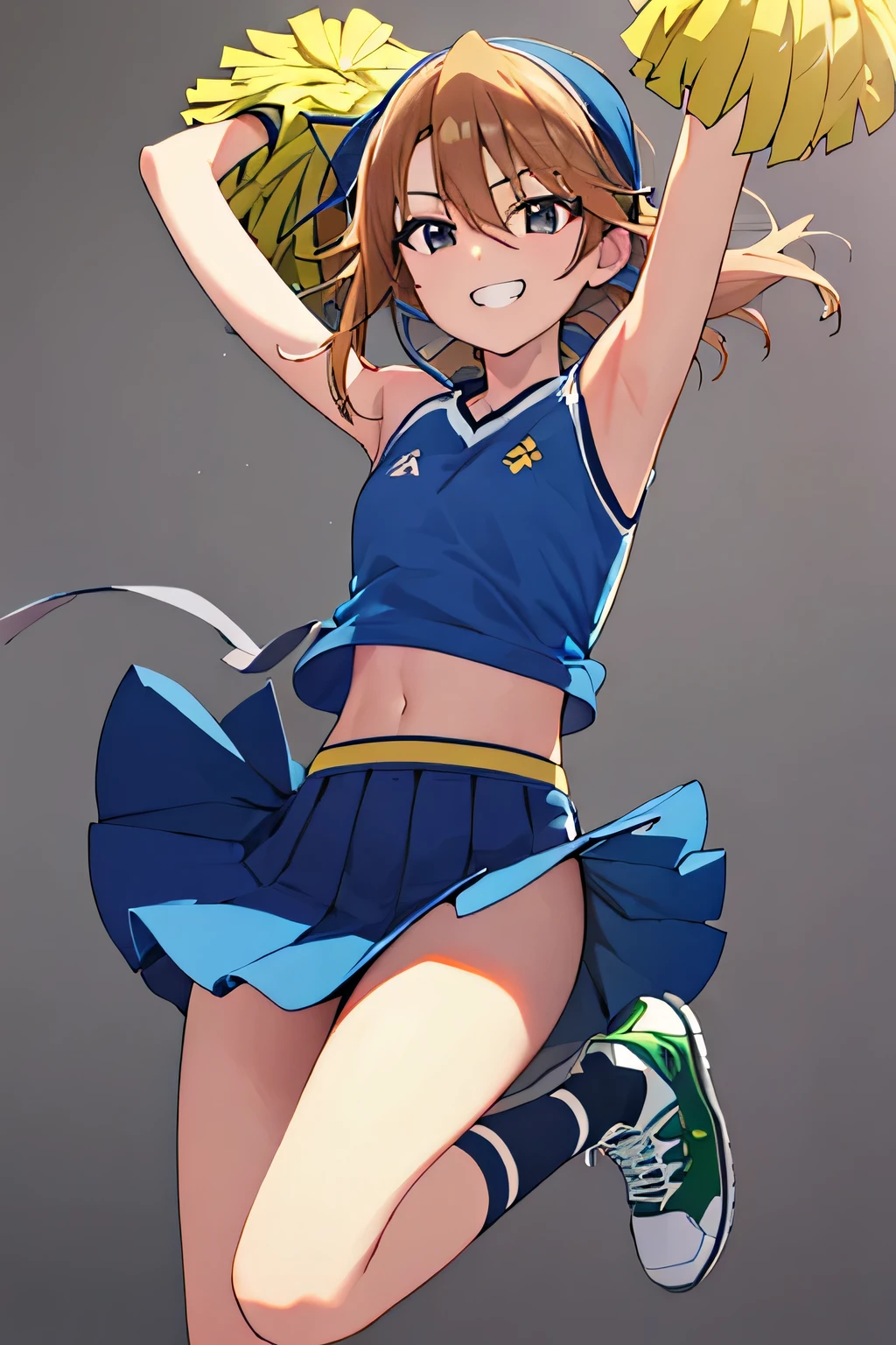 A lively anime-style girl with medium-length, slightly wavy light brown hair tied back with a blue and yellow headband. She wears a vibrant blue cheerleading outfit consisting of a sleeveless V-neck crop top with a yellow stripe across the chest and a pleated blue skirt with matching yellow stripes. A small, decorative ribbon with a circular emblem is attached to her waist. She also wears black compression shorts under her skirt. She has white knee-high socks with blue stripes at the top and wears blue athletic sneakers with green laces. Holding two large yellow pom-poms, she is posed dynamically, mid-jump, with one leg raised and her arms outstretched. Her facial expression is energetic and determined, with a wide, playful grin and excited eyes. The background is clean and simple, emphasizing her dynamic pose and vibrant colors. simple background.