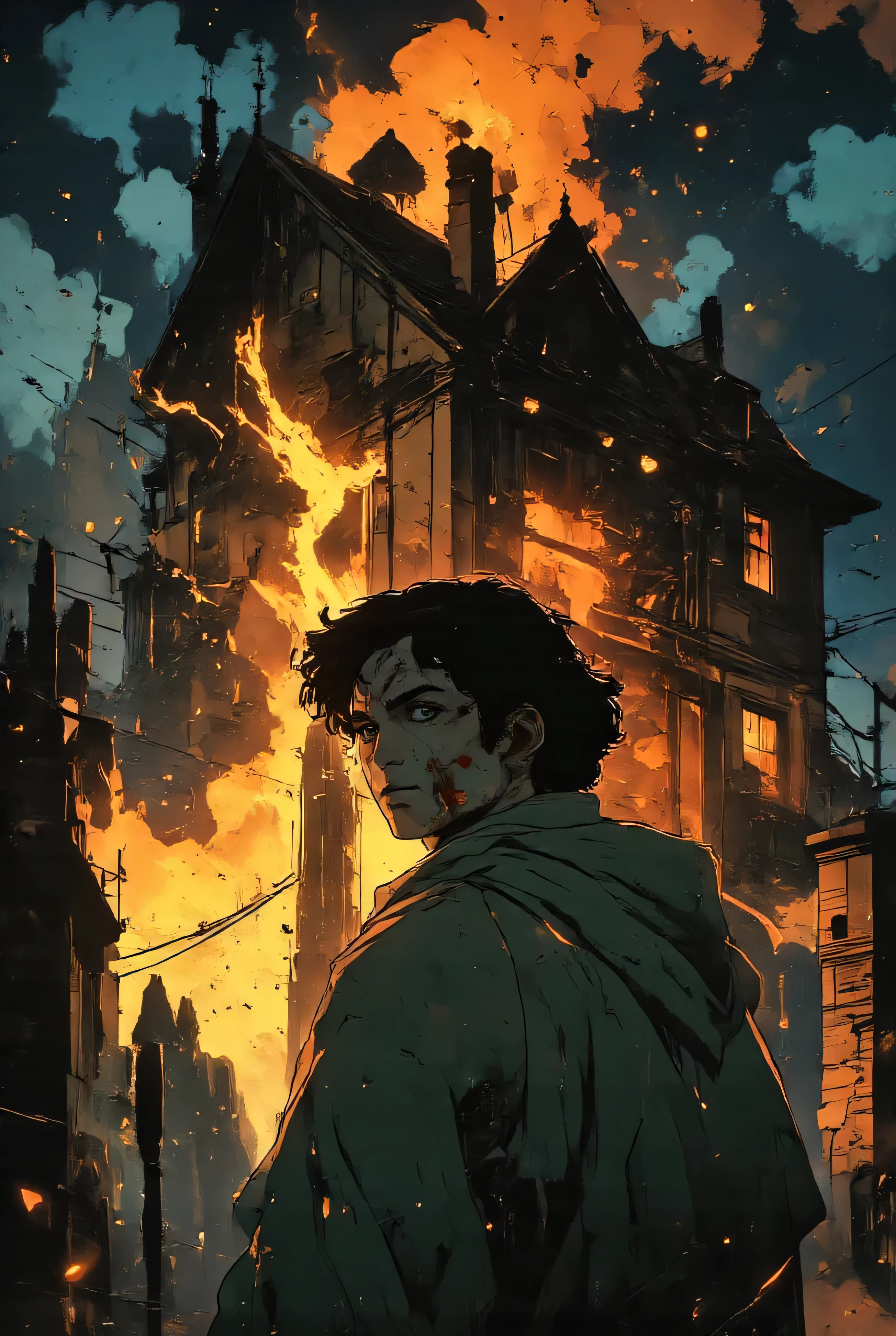 *"A boy stands frozen in terror, his face illuminated by the raging fire consuming the towering medieval house behind him. His wide, fearful eyes reflect the inferno, the flickering flames dancing within his pupils. His expression is a mix of shock, helplessness, and a deep, growing horror—his mouth slightly open as if caught between a scream and silence. His young face, smeared with soot and streaked with fresh tears, contrasts starkly with the fiery glow.
The camera, positioned at a medium distance, captures him from the front as it slowly pulls away, emphasizing his small figure against the overwhelming destruction behind him. His dark, disheveled hair clings to his damp forehead, and his tattered cloak hangs loosely over his thin frame, barely moving in the heavy, smoke-filled air. His posture is rigid, shoulders hunched, hands trembling at his sides—utterly paralyzed by fear.
Behind him, the medieval house is engulfed in roaring flames, its upper sections collapsing in fiery bursts. Embers swirl chaotically, and thick black smoke rises into the night sky, partially obscuring the ominous figures in the background—cloaked silhouettes watching from the shadows. The contrast between the fire’s intense orange glow and the deep, cold blues of the night creates a striking cinematic effect.
The composition draws attention to the prince’s face first, then gradually reveals the massive scale of destruction as the camera subtly pulls back. Every ember, every tear, every tremor in his stance is captured in hyper-realistic detail, immersing the viewer in the harrowing moment.
Ultra-HD, 4K resolution, volumetric lighting, dynamic depth of field, cinematic storytelling, high-quality dark fantasy realism, rich textural details, dramatic contrast between firelight and shadow, emotionally charged atmosphere.