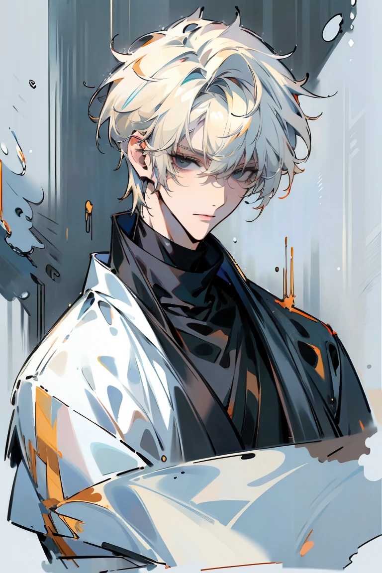 Impasto, white Blonde hair, short hair, masterpiece, best quality, 1 man , bangs, perfect face , black eye , handsome male , alone, pale skin , Adult male , delicate line drawing,Extremely detailed , ((black turtleneck)), (black kimono with longitudinal stripes), deep shadow,  semi-realistic art  ,  semi-realistic art  style, expressive brushstrokes,  vivid brushstrokes , 인상주의 painting, realistic skin, realistic hair, realistic detail, photorealistic, high detail,  Perfect Eyes , high quality, painting, pixiv illustration
