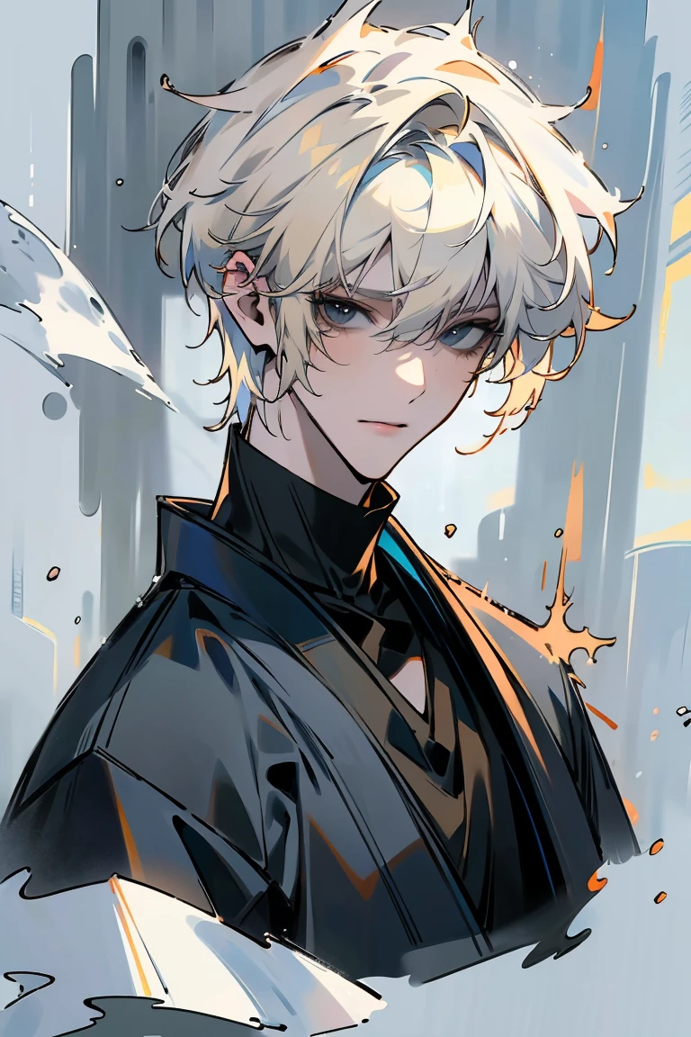 Impasto, white Blonde hair, short hair, masterpiece, best quality, 1 man , bangs, perfect face , black eye , handsome male , alone, pale skin , Adult male , delicate line drawing,Extremely detailed , ((black turtleneck)), (black kimono with longitudinal stripes), deep shadow,  semi-realistic art  ,  semi-realistic art  style, expressive brushstrokes,  vivid brushstrokes , 인상주의 painting, realistic skin, realistic hair, realistic detail, photorealistic, high detail,  Perfect Eyes , high quality, painting, pixiv illustration