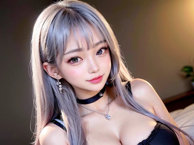 (thin eyebrows)、(((((closed mouth)))))、((Very strong sunlight))、((((beautiful silver hair))))、((small head))、(beautiful silver hair with short wavy:1.2)、full body shot、off shoulder sweater,(((8K, Raw photo)))、 (((The face is the same as the cosplayer))),(Photographed from above in High resolution 8K)、(very delicate and beautiful)、(masterpiece)、(highest quality:1.0)、(超A high resolution:1.0)、realistic shadow、[High resolution]、 fine skin、Super detailed、(beautiful hair)、Photoreal、lifelike face、big breasts thin waist、realistic eyes、small eyes、looking at camera、(((between the breasts)))、(eyeliner)、(mascara)、 lips with pink lips、((Looks very happy))、show your shoulders、Complex patterns and transparent materials、Artistic depiction of an attractive woman, Emphasizes an attractive silhouette。The scene was、、bask in the hot sun、Makes you feel the delicate beauty and charm of nature。(((intricate details))、advanced details、choker、NSFW,((highest quality、8K、masterpiece:1.3))、sharp focus:1.2、 (((Enamelled purple and silver corset)))、