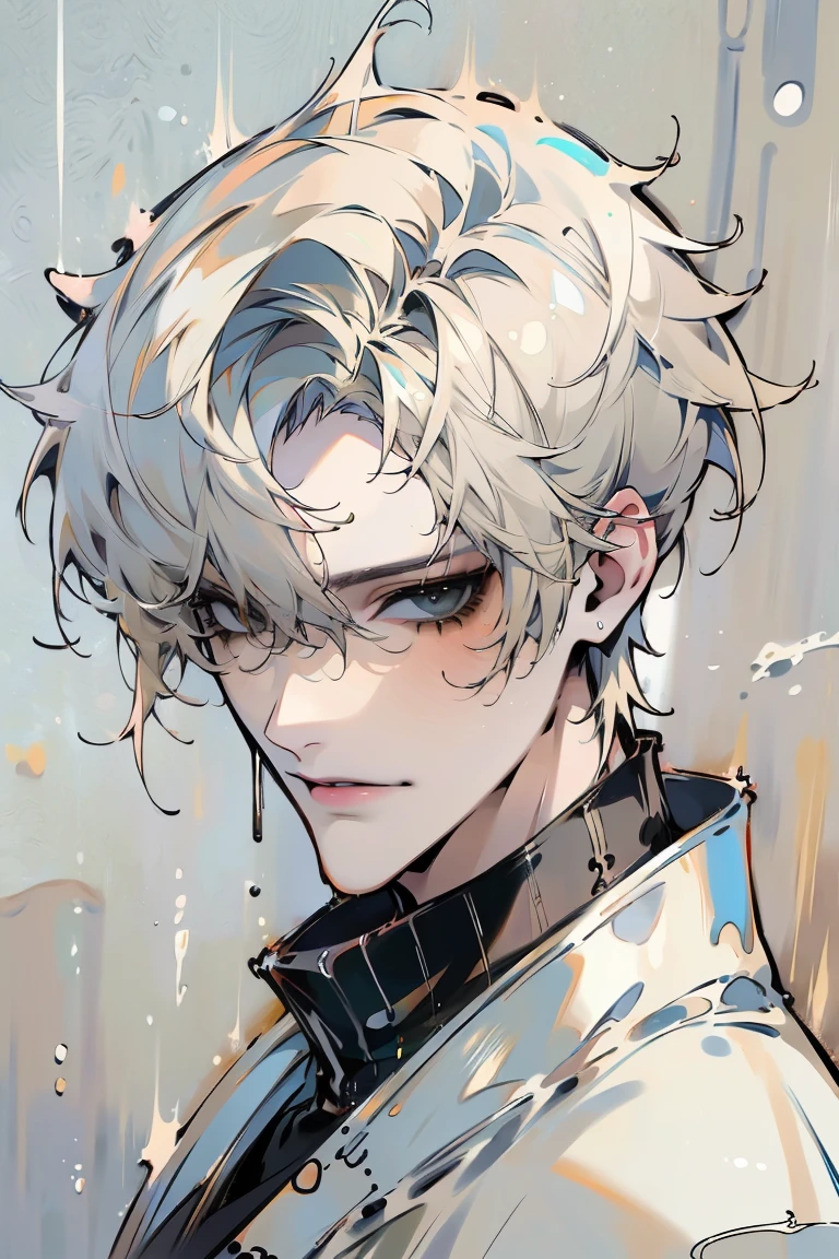 Impasto, white Blonde hair, short hair, masterpiece, best quality, 1 man , bangs, perfect face , black eye , handsome male , alone, pale skin , Adult male , delicate line drawing,Extremely detailed , ((black turtleneck)), (black kimono with longitudinal stripes), deep shadow,  semi-realistic art  ,  semi-realistic art  style, expressive brushstrokes,  vivid brushstrokes , 인상주의 painting, realistic skin, realistic hair, realistic detail, photorealistic, high detail,  Perfect Eyes , high quality, painting, pixiv illustration