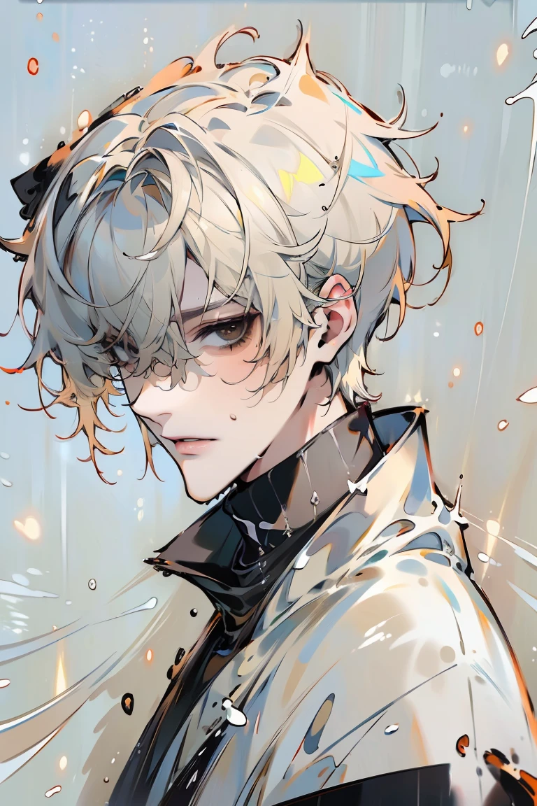 Impasto, white Blonde hair, short hair, masterpiece, best quality, 1 man , bangs, perfect face , black eye , handsome male , alone, pale skin , Adult male , delicate line drawing,Extremely detailed , ((black turtleneck)), (black kimono with longitudinal stripes), deep shadow,  semi-realistic art  ,  semi-realistic art  style, expressive brushstrokes,  vivid brushstrokes , 인상주의 painting, realistic skin, realistic hair, realistic detail, photorealistic, high detail,  Perfect Eyes , high quality, painting, pixiv illustration