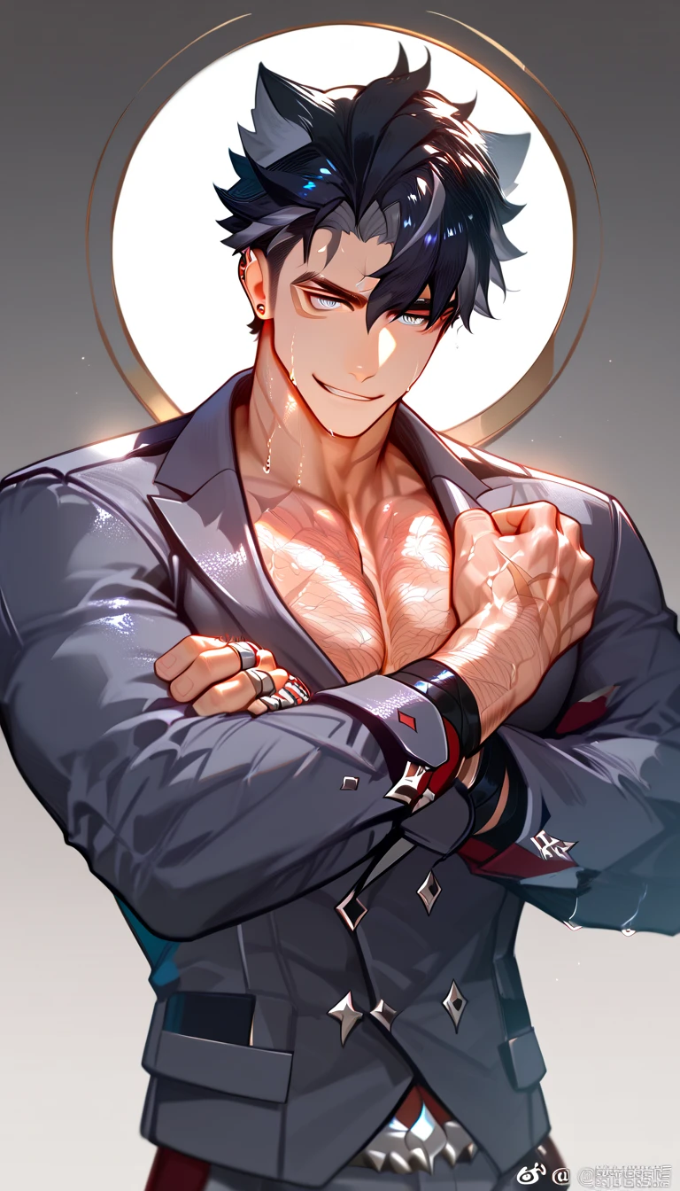 Anime characters sitting in a meditative position，Blue light shot out from behind him, most strongest pose, Suitable for brunette banshees, Handsome anime pose, male anime character, Badass anime 8 K, 《The King of Fighters》role, Brunette God, with glowing runes on the body, trending on artstation pixiv, Male anime style, handsome japanese demon boy