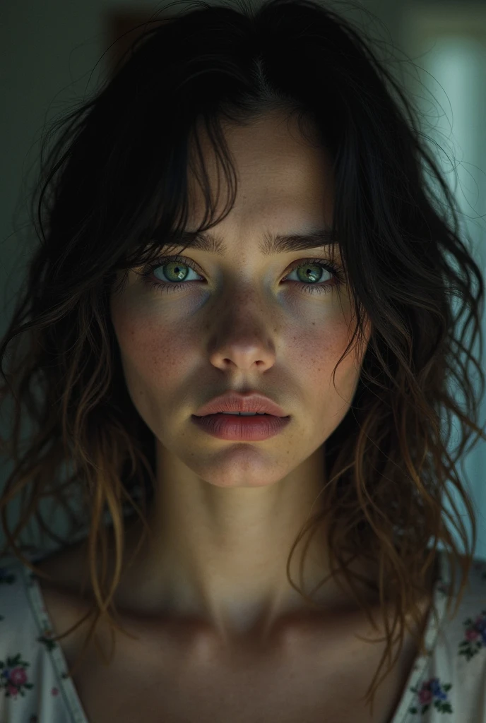 Photo realistic 8k image of a sexy 18year old girl in a wet white t shirt looking shocked in a space ship. Shot from above while she looks up at the camera. Girl resembles Abigail Breslin. Close up. Girl is glistening with sweat. Clevage