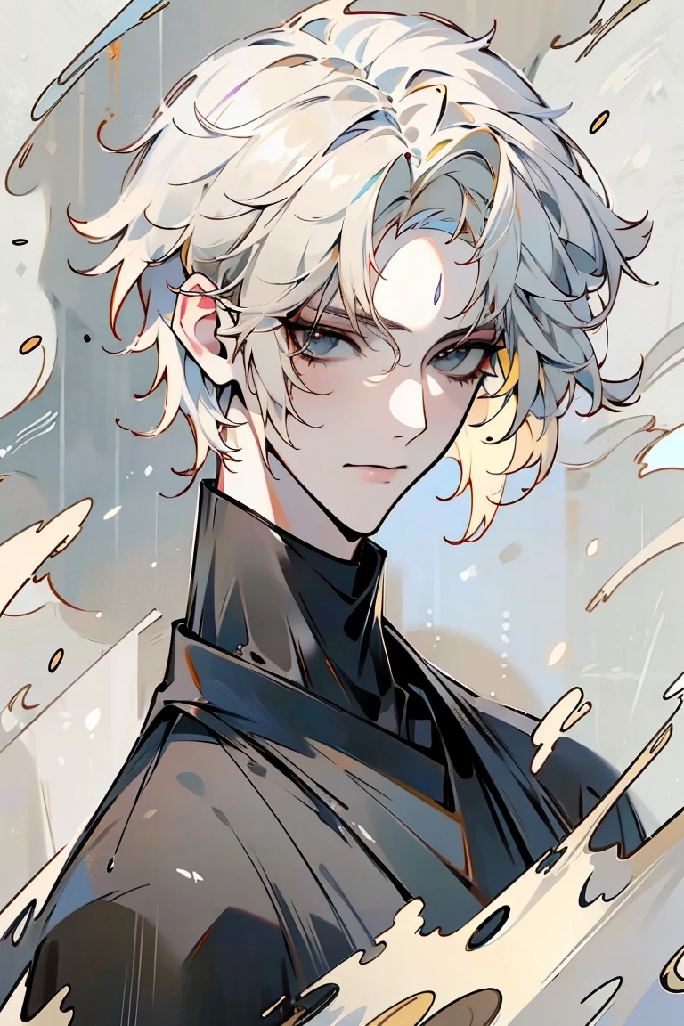 Impasto, white Blonde hair, short hair, masterpiece, best quality, 1 man , bangs, perfect face , black eye , handsome male , alone, pale skin , Adult male , delicate line drawing,Extremely detailed , ((black turtleneck)), (black kimono with longitudinal stripes), deep shadow,  semi-realistic art  ,  semi-realistic art  style, expressive brushstrokes,  vivid brushstrokes , 인상주의 painting, realistic skin, realistic hair, realistic detail, photorealistic, high detail,  Perfect Eyes , high quality, painting, pixiv illustration