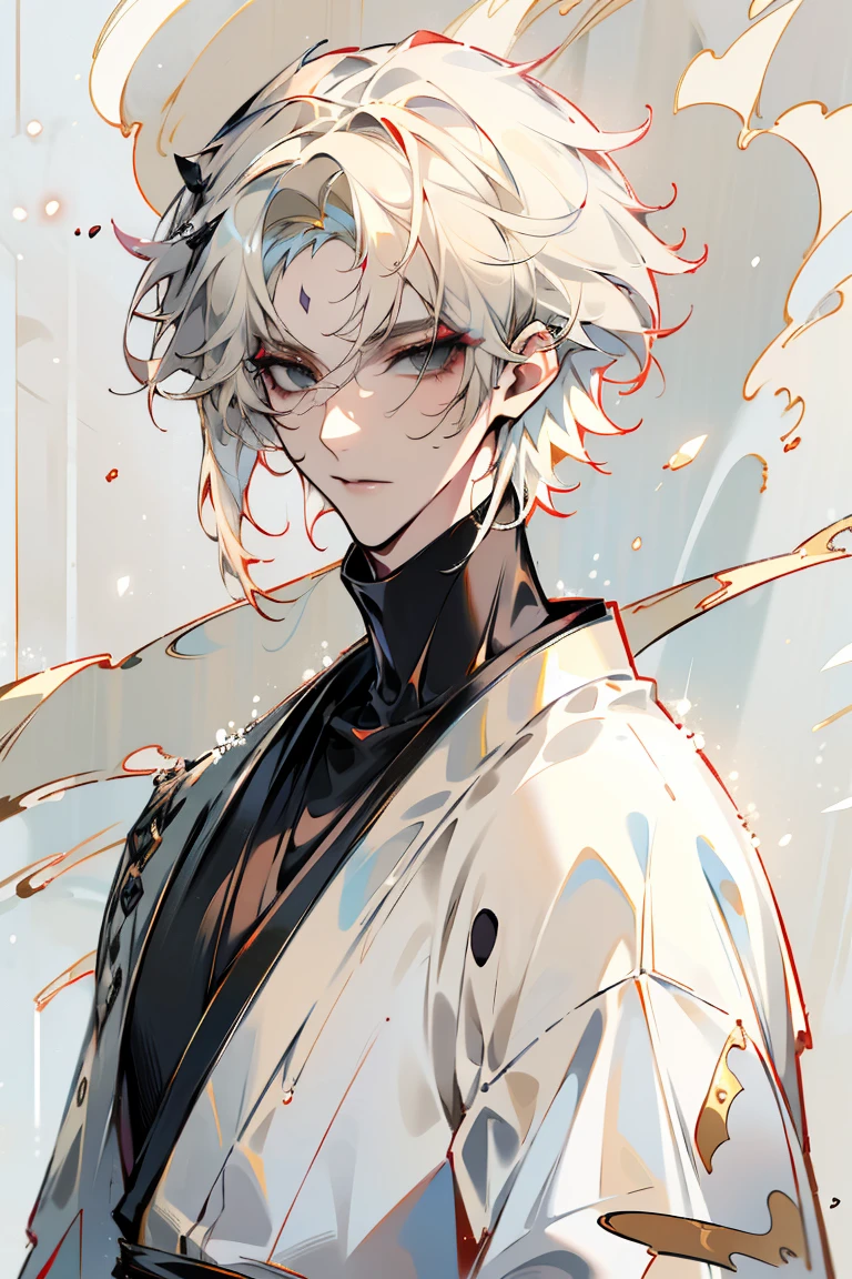 Impasto, white Blonde hair, short hair, masterpiece, best quality, 1 man , bangs, perfect face , black eye , handsome male , alone, pale skin , Adult male , delicate line drawing,Extremely detailed , ((black turtleneck)), (black kimono with longitudinal stripes), deep shadow,  semi-realistic art  ,  semi-realistic art  style, expressive brushstrokes,  vivid brushstrokes , 인상주의 painting, realistic skin, realistic hair, realistic detail, photorealistic, high detail,  Perfect Eyes , high quality, painting, pixiv illustration