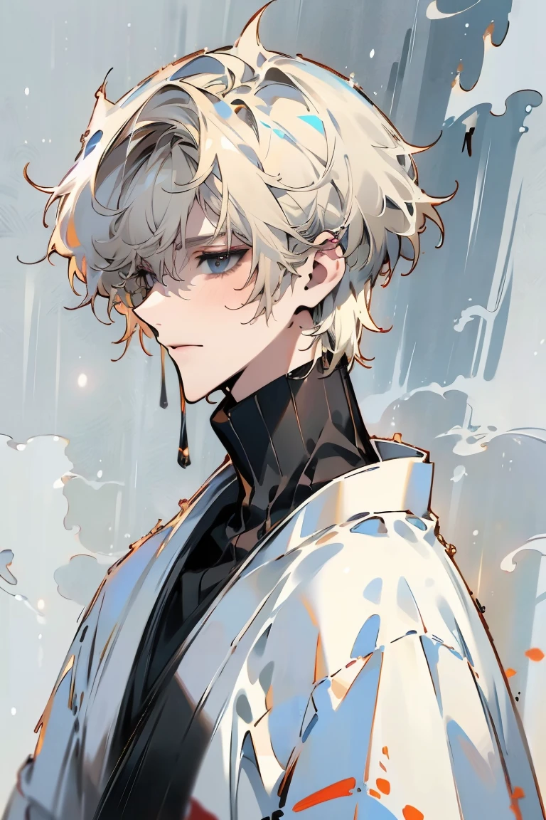 Impasto, white Blonde hair, short hair, masterpiece, best quality, 1 man , bangs, perfect face , black eye , handsome male , alone, pale skin , Adult male , delicate line drawing,Extremely detailed , ((black turtleneck)), (black kimono with longitudinal stripes), deep shadow,  semi-realistic art  ,  semi-realistic art  style, expressive brushstrokes,  vivid brushstrokes , 인상주의 painting, realistic skin, realistic hair, realistic detail, photorealistic, high detail,  Perfect Eyes , high quality, painting, pixiv illustration