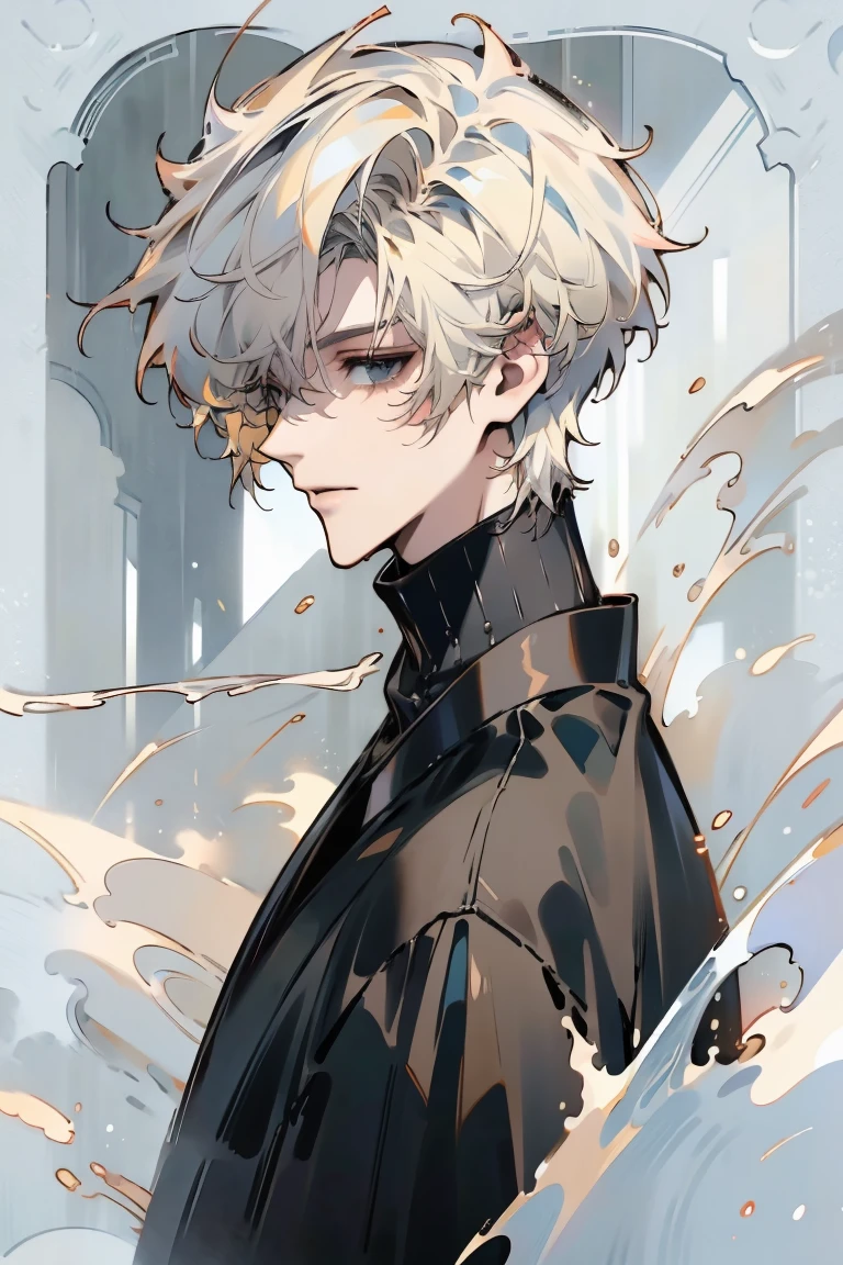 Impasto, white Blonde hair, short hair, masterpiece, best quality, 1 man , bangs, perfect face , black eye , handsome male , alone, pale skin , Adult male , delicate line drawing,Extremely detailed , ((black turtleneck)), (black kimono with longitudinal stripes), deep shadow,  semi-realistic art  ,  semi-realistic art  style, expressive brushstrokes,  vivid brushstrokes , 인상주의 painting, realistic skin, realistic hair, realistic detail, photorealistic, high detail,  Perfect Eyes , high quality, painting, pixiv illustration