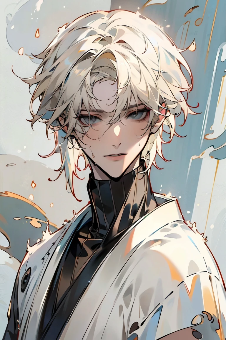 Impasto, white Blonde hair, short hair, masterpiece, best quality, 1 man , bangs, perfect face , black eye , handsome male , alone, pale skin , Adult male , delicate line drawing,Extremely detailed , ((black turtleneck)), (black kimono with longitudinal stripes), deep shadow,  semi-realistic art  ,  semi-realistic art  style, expressive brushstrokes,  vivid brushstrokes , 인상주의 painting, realistic skin, realistic hair, realistic detail, photorealistic, high detail,  Perfect Eyes , high quality, painting, pixiv illustration