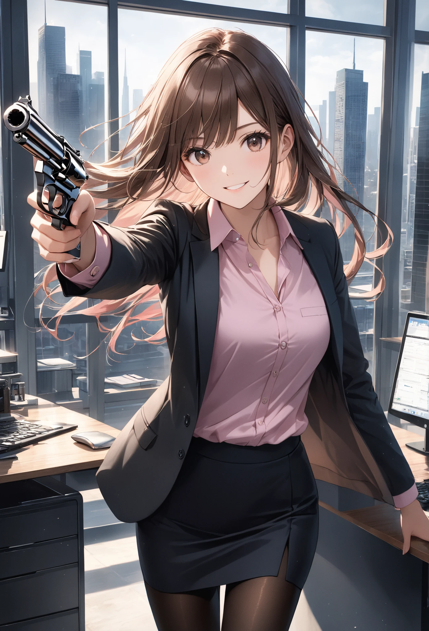 business suit, black suit with white shirt, large breasts, add a small pistol being pointed at the viewer by the character, retain current clothing, small simple gun