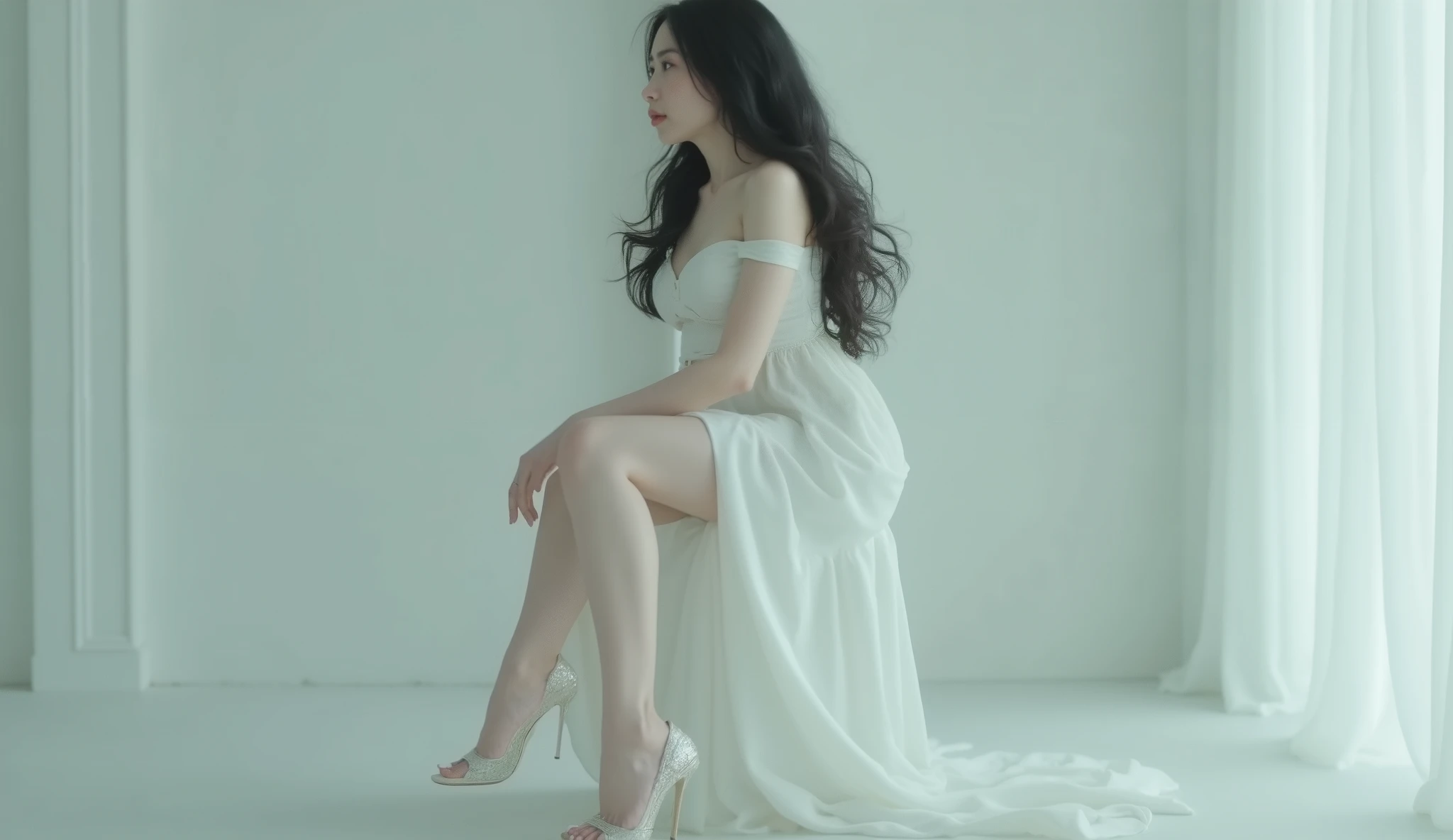 long elevated shot of (1woman), wide frame shot, full body pose, an albino European South East Asian mixed woman, (European), (albino), sexy busty, big breast, big thigh, (white pale skin), black hair, wearing a white midi dress with a thigh-high slit, (high heels), exposing her legs and toes, (legs), sitting and strapped to brainwashing machine, very sharp and detail, high definition, 4K