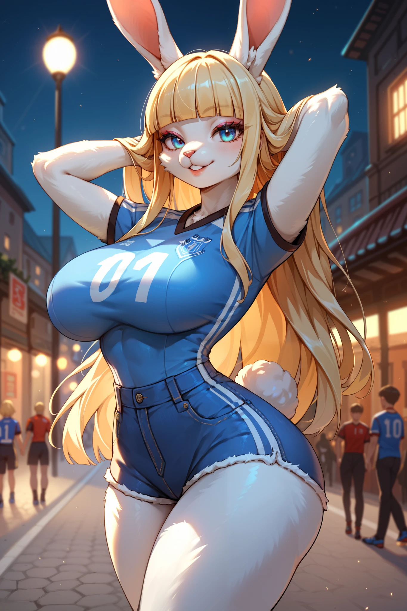 (hi res), ((Masterpiece)) , ((Best Quality)), illustartion, woman's, Bunny, average breasts, upper body, furry, sports bra and sports, modest, in public,