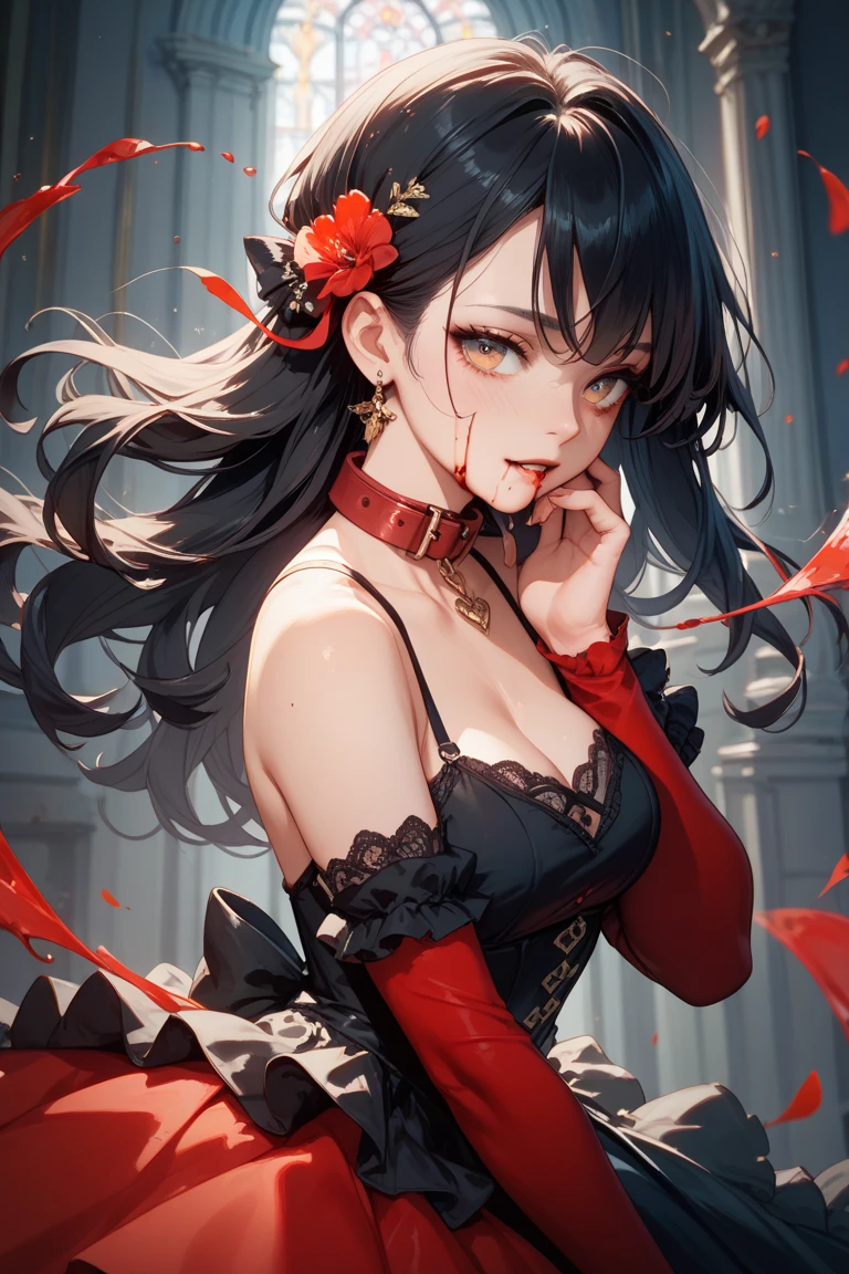 <lora:edgLycorisMugler:0.8> Haute_Couture, edgTM, edgTM_style fashion, eccentric clothing, Haute_Couture dress, wearing Haute_Couture dress, makeup, eyeshadow,  red banners, falling petals, regal, royalty, indoors,, ultra detailed, masterpiece, best quality, aesthetic, detailed,, solo, smug smile, 1girl, purple eyes, red-framed eyewear, (black hair, red colored tips:1.2), red streaked hair, very long hair, side ponytail, tied hair, medium breasts,