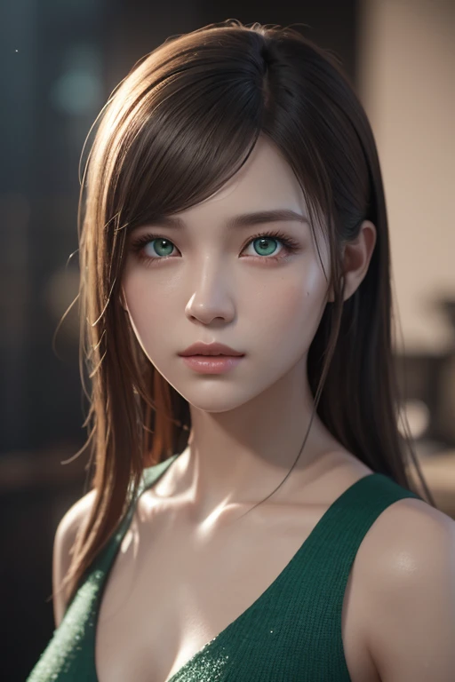 8K, Top Quality, Intricate Details, Ultra Detail, Ultra High Resolution, Masterpiece, close up shot, (full body: 1.1), ((close up shot, face shot, close up shot, portrait, face shot, passport shot, very close up shot, )) (()), Slender, Smile, (Makeup: 0.4), ), (Fluffy Eyes: 1.21), (((( )))), 1girl, solo, 1 girl, ((green hair, bangs, long hair, high ponytail, messy hair, purple eyes)), close up shot, , ((tall)), (((fit body))), (((slim face))), sharp face, (( ripped bra, , ripped shoulder armor, ripped glove, ripped ?????,)),(), (()), (detailed face), sharp face, small lips, smile, smirk, (( )), , ((,)), , ((,)), detailed face, detailed ??????, detailed ??????, , ((large ??????, ???????????, )), Navel, Exposed Abdomen, Pointed ?????,, (( dark background)), black background,