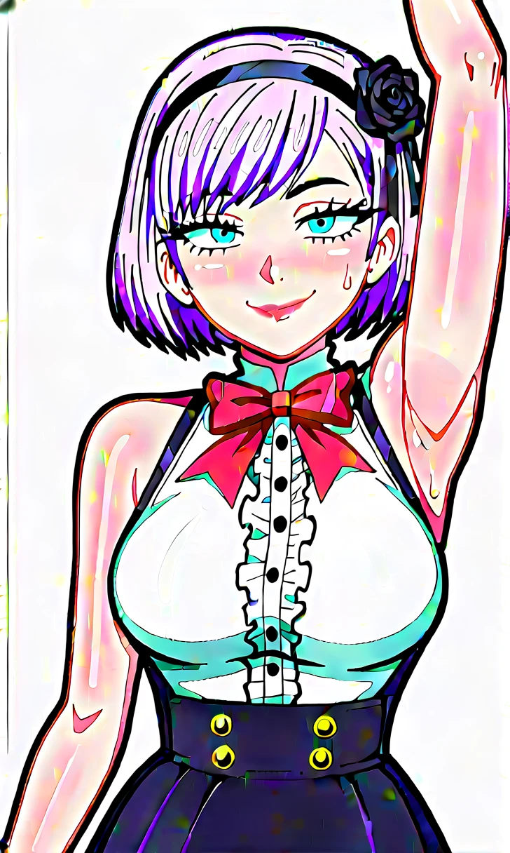 Stylish female popstar. white woman, american, Beautiful face, long hair. freckled face, front tooth gap, In her late 20's. (trapped inside "automated tickling device") disembodied female hands touch her underarms. She is inside a large machine. Restrained by leather straps and padding, arms restrained above her head, armpits shown. She wears a cocktail dress and nylon stockings, her body immobilized by straps and padding. Tickled by mechanical ticklers. Laughing in pleasure, tickled silly, automated tickling, automated hands touch her upper body.