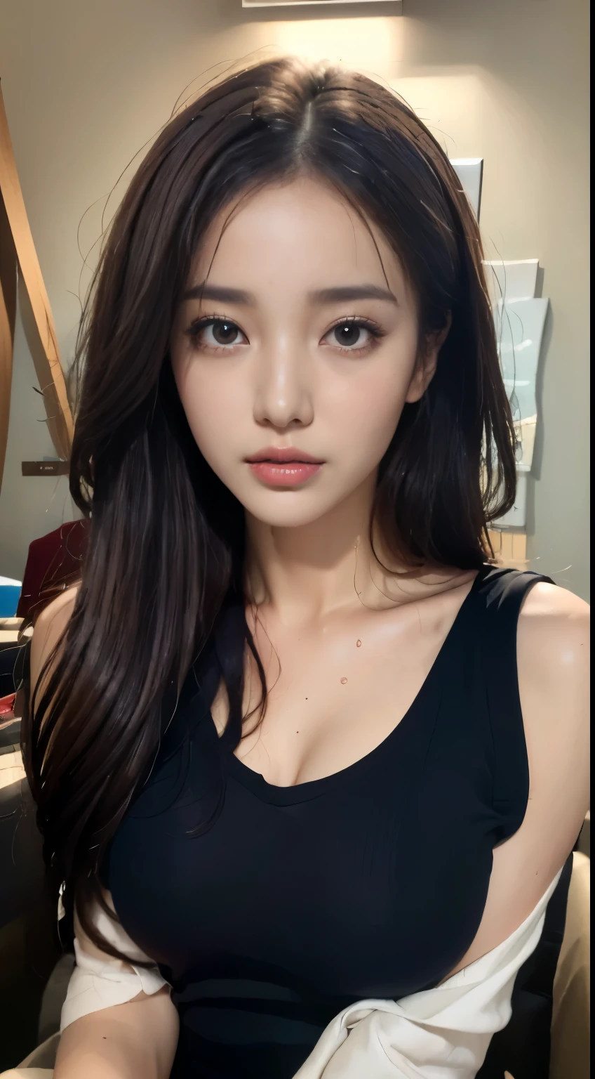 (Best Quality, 8K, 32K, Masterpiece, Ultra HD: 1.2), (K-Pop Idol: 1.3), 1 Girl, (Large: 1.2), Abs, Perfect Figure, Ultra Slender Face, Delicate Lips, Beautiful Eyes Double eyelids , (pony) （Extremely normal body，Half-tied ponytail。(black tank top) ((big bust)) (hands up)