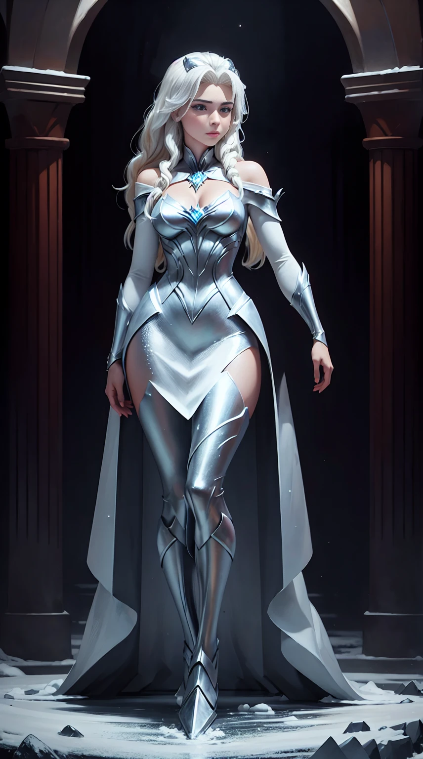 ((full body photo, standing)) 1 gorgeous European blonde woman, age 23, she is the powerful queen of the frozen world, she stands on her metallic frozen throne