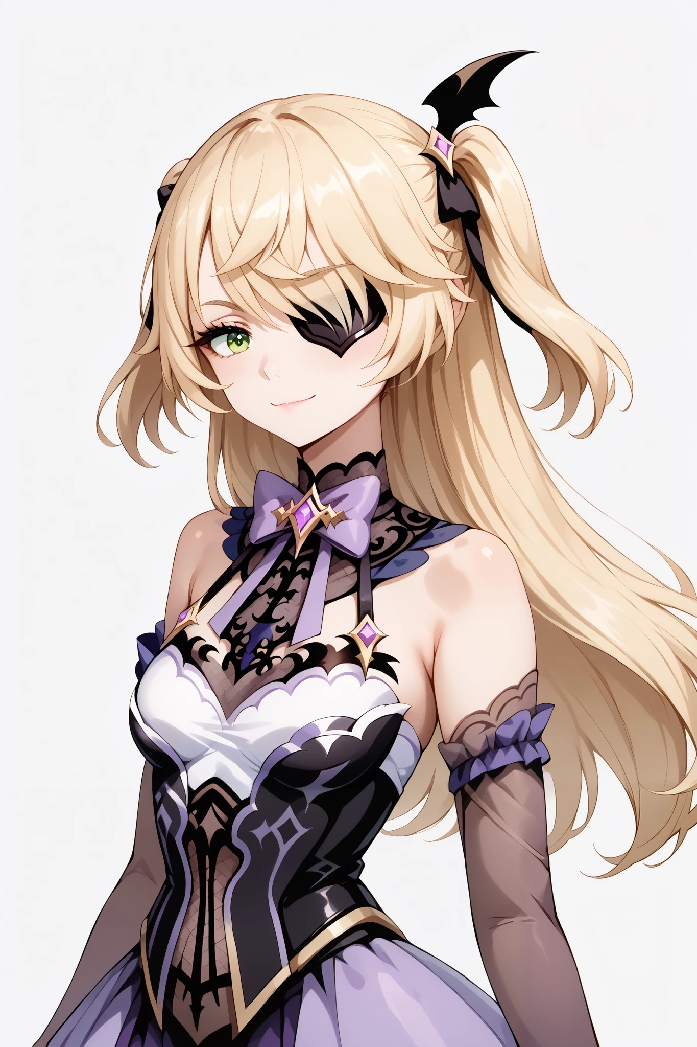 score_9, score_8_up, score_7_up, source_anime, 4K,perfect fingers,(perfect hands, perfect anatomy),prefect lighting, very aesthetic, intricate details,highly detailed background, masterpiece, high quality, best quality,
1girl,solo, fischl, fischl, long hair, bangs, blonde hair, ribbon, green eyes, hair ribbon, hair over one eye, two side up, eyepatch, large breasts,,
wearing ((dark purple, black, and gold costume, black Corset, outfit includes several layers of fabric in various shades of purple and black, gold decorative belt with intricately designed ornaments, )),
((White plain background:1.5)) , Standing, evil smirk,