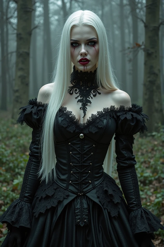 female sexy vampire|albino, pale porcelain skin, sexy vintage black dress, smile, shallow depth of field, grin|creepy, nightfall, detailed face, night, wide hips, narrow waist, portrait of woman standing, detailed eyes, portrait of woman standing, 8k RAW photo, highest quality, looking at the viewer, best shadow, intricate details, long hair, bright eyes, forest, grave, gothic, goth detailed, highres, high qualilty, high saturation
