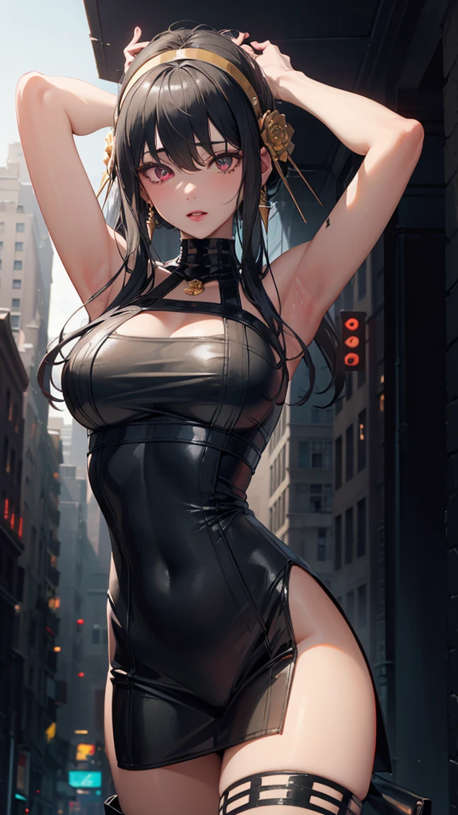 [A transparent black one-piece], [huge breasts], perky breasts, Ahegão,1teenager, tall, mature, black hair, long hair, straight hair, red eyes, upper body, shiny oily skin, black wings on back, ultra detailed, good anatomy, red face, cyberpunk street, sun rays, fit, sexy, natural pink lips, perfect face , nsfw.