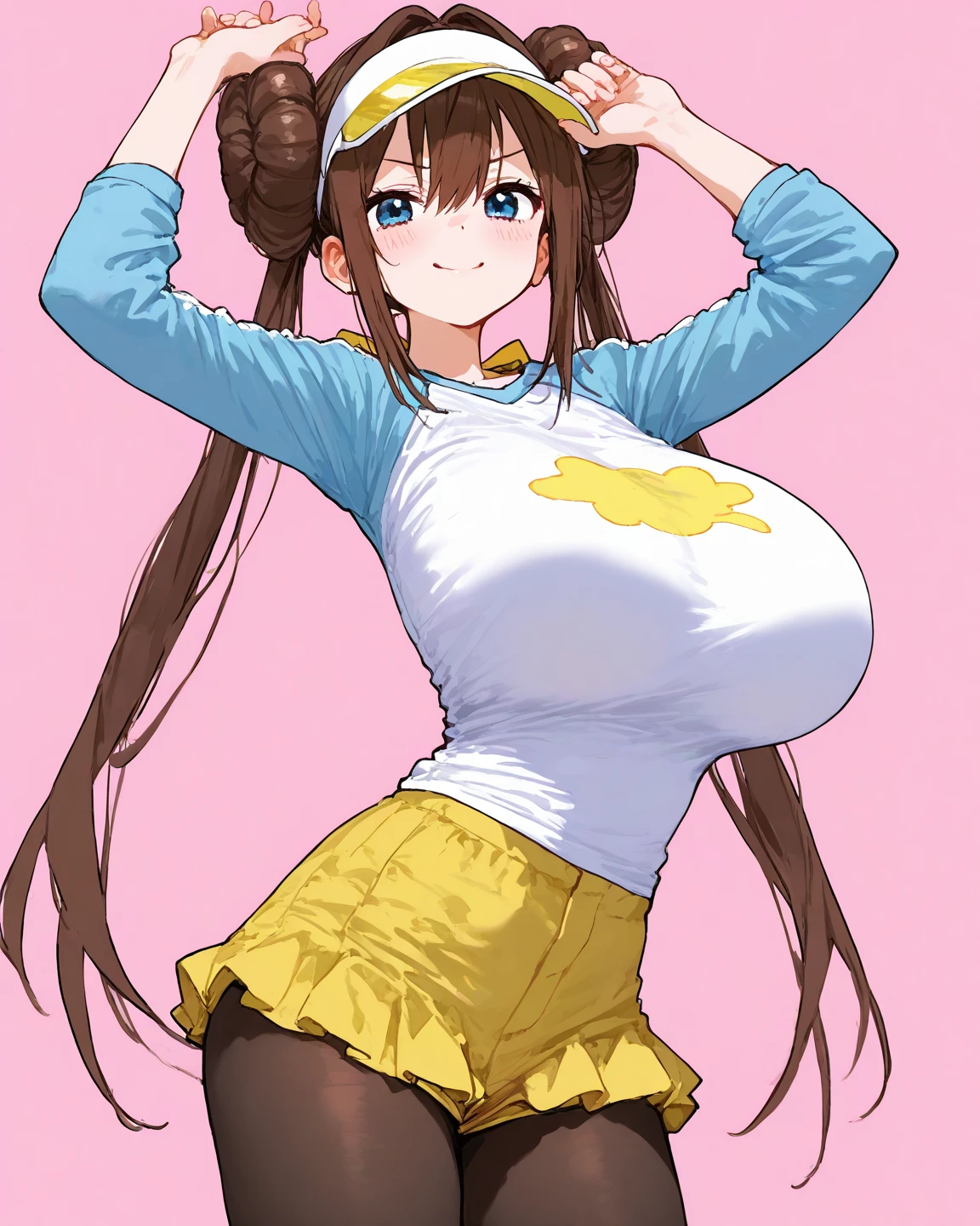 Masterpiece, Best Quality, rosa, 1 girl, busty, bows, double tail, Yellow skirt, diaphragm, looking at the viewer, short sleeves, SMILE,hands in pockets, Short skirt, ((boobs curtain)), huge breasts, low angle, undersized skirt, sports shorts, pink visor,navel piercing