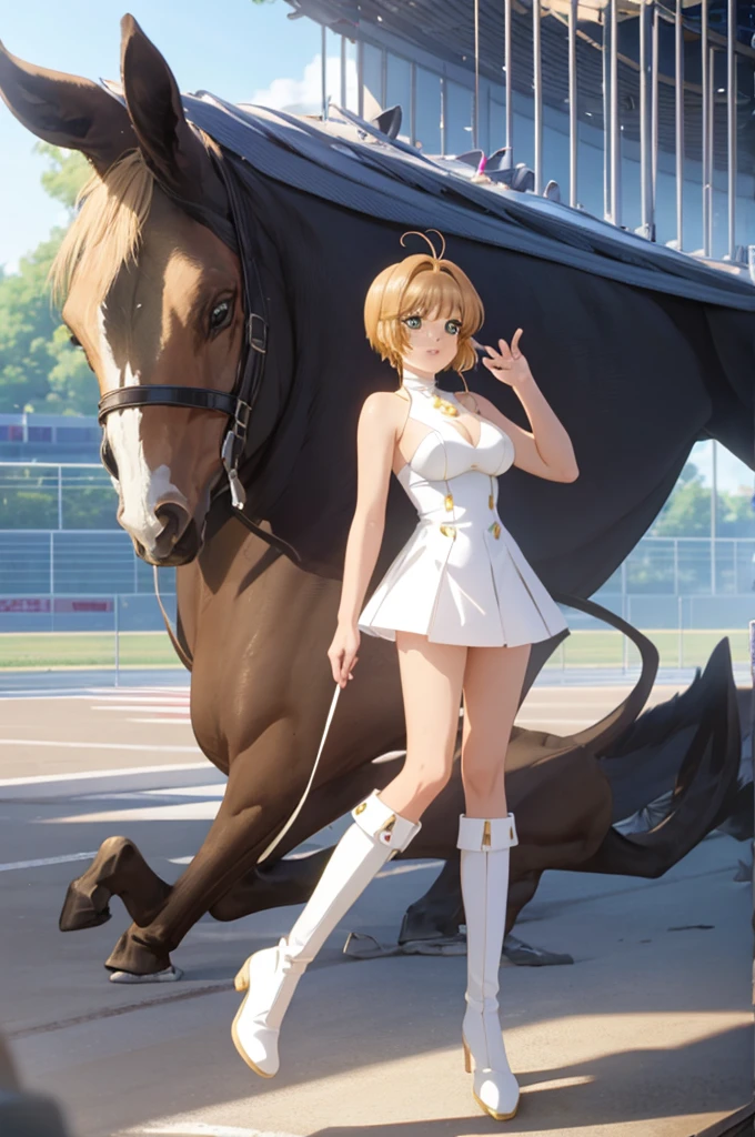 ((centaur girl)), (master piece:1.4),1girl, solo, full body, (gyaru, dark skin:1.4), (night street:1.5), enjoying, multiple poses, hand on hip, arms raised, long wavy hair, dyed hair, blonde highlights, hoop earrings, bold makeup, heavy eyelashes, smoky eyes, glossy lips, nail art, body jewelry, bracelet, ankle bracelet, cleavage, street, lounge chair, palm trees, neon lights, reflections, water, cocktail, tropical, vibrant atmosphere, carefree, confident, standing, smile, BREAK, ((small breasts)), (stripes biniki top), <lora:CENTAUR-SERY-CONCEPT:1>